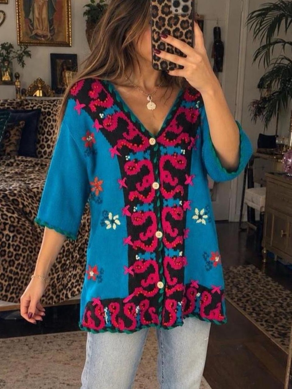 Carole Little Vintage Teal Embroidered Cardigan Sweater Size M